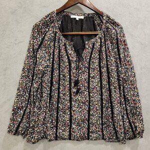 Daniel Rainn Pullover‎ Blouse Women's Large Black Floral Tassle Sheer Whimsigoth